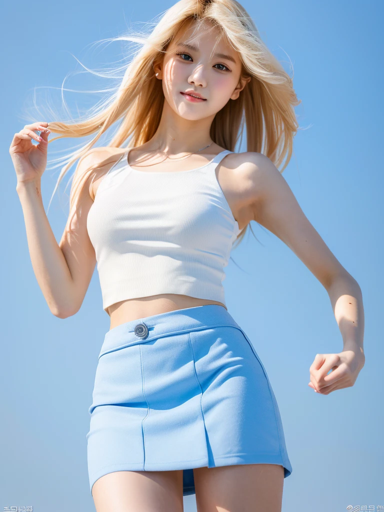 (masterpiece:1.3), (8 thousand, realistic, RAW photos, best quality: 1.4), (1 woman), Beautiful body, blonde hair , cute korean girl, sexy expression, slim a perfect figure, short blue skirt, white crop top ,