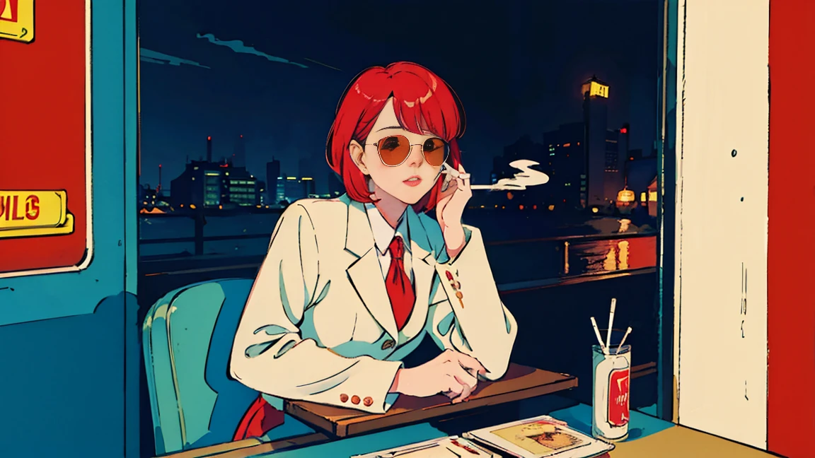 beautiful asian girl with red hair sitting in a diner at night, seen through a window, perfect face, sunglasses, smoking a white tailor made cigarette, NeonNoir, (backlit: 1.1), hard shadow, masterpiece, best quality, Intricate, modelshoot style, vintage, film grain, drive,citypop,cassettetape,record