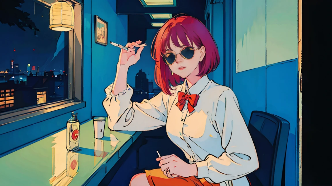 beautiful asian girl with red hair sitting in a diner at night, seen through a window, perfect face, sunglasses, smoking a white tailor made cigarette, NeonNoir, (backlit: 1.1), hard shadow, masterpiece, best quality, Intricate, modelshoot style, vintage, film grain, drive,citypop,cassettetape,record