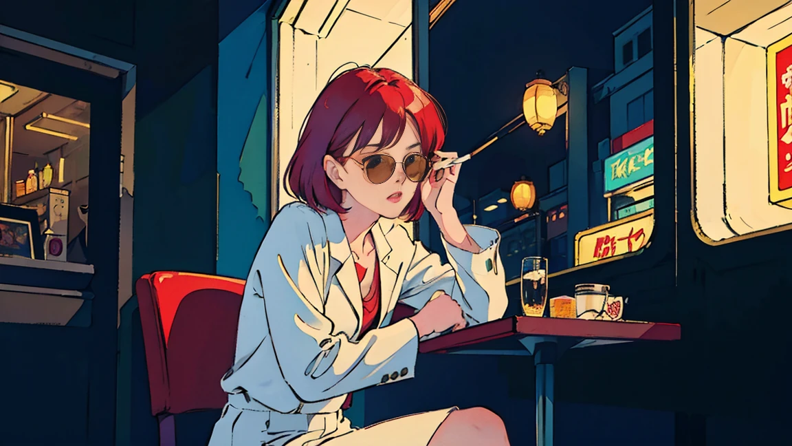 beautiful asian girl with red hair sitting in a diner at night, seen through a window, perfect face, sunglasses, smoking a white tailor made cigarette, NeonNoir, (backlit: 1.1), hard shadow, masterpiece, best quality, Intricate, modelshoot style, vintage, film grain, drive,citypop,cassettetape,record