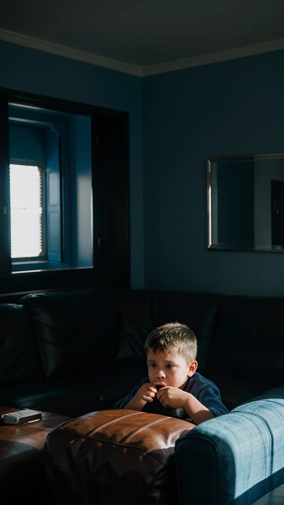 headshot of micheal talking with his  son, in their living room, 4k realistic imagery, blue scenery like a movie scene, old american setting, inspired by blade runner movie scene, blue tone,