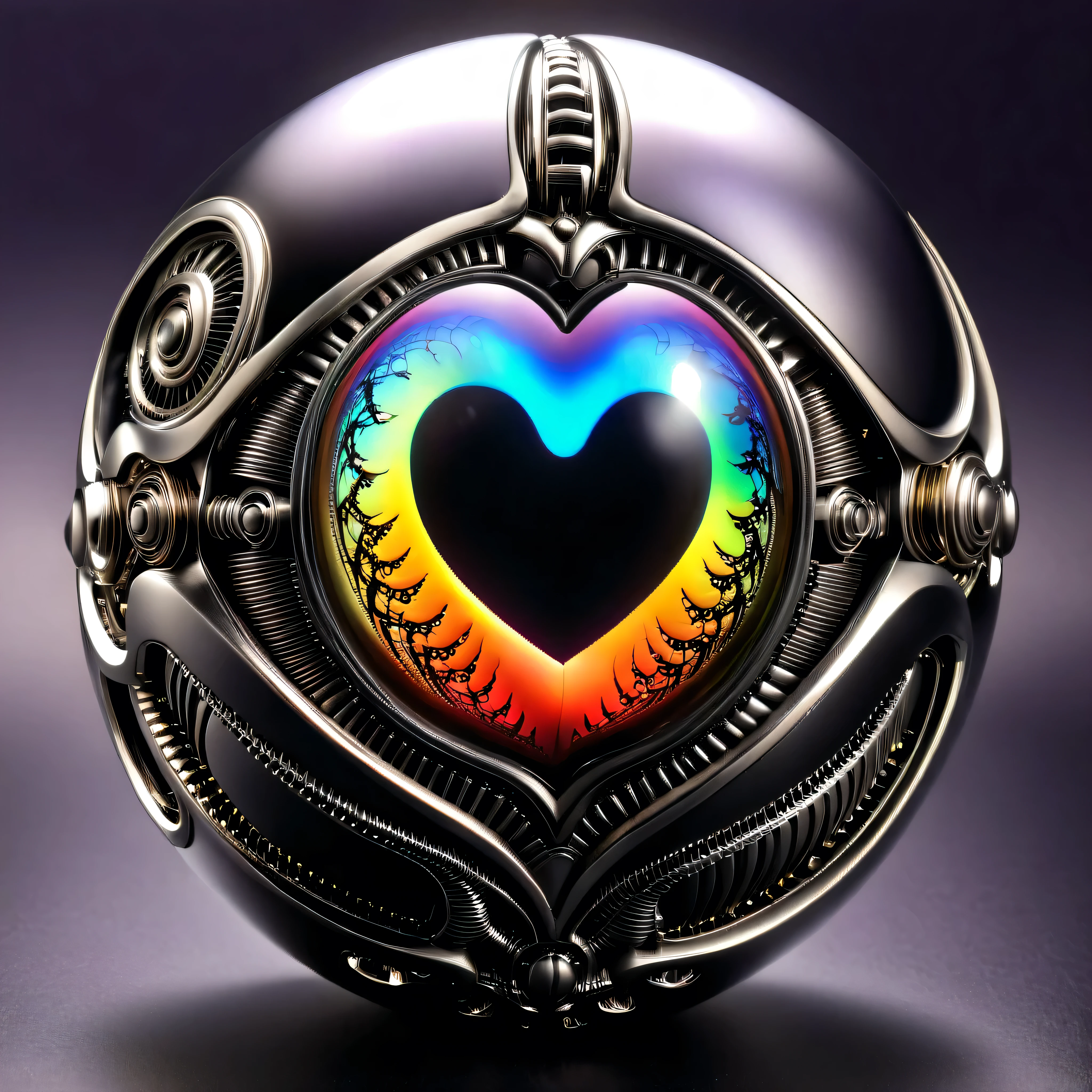 a pure black and opal mechanical orb, giger style, silvercarvingcd_xl , rainbow heart aura,