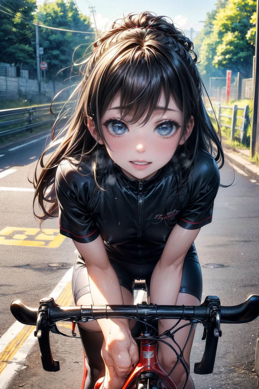 NSFW、Highest quality、(Road bike)、((ride a bicycle))、Smiling at the viewer、Beautiful Eyes、Beautiful Face、Delicate eyes、((Sweatで透けたスポーツウェア))、Sweat、refreshing plateau、、