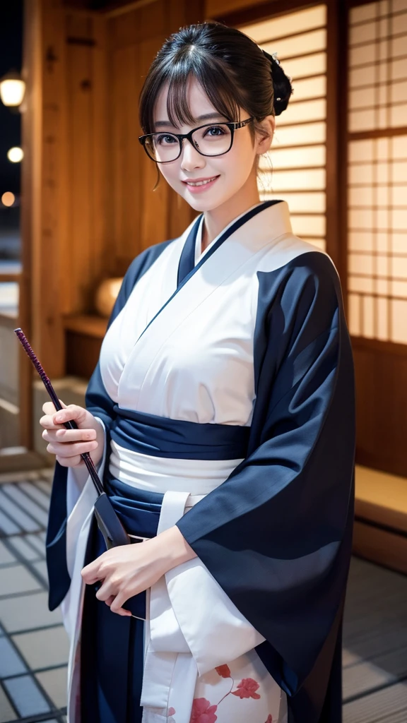 (Super beautiful woman in kimono)、((highest quality、8K masterpiece:1.3))、sharp focus:1.2、(super beautiful face:1.0)、(shiny skin:1.0)、realistic pictures、black hair、video lighting、High resolution eyes and face、video lighting、japanese actress、from the front、big breasts、with a happy smile、Slender abs beauty、whole body、wearing a kimono、in Kyoto、(((luxury obi)))、In Kyoto at night、wearing glasses with no edge、with a fan