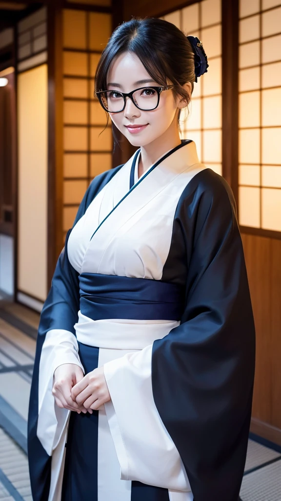 (Super beautiful woman in kimono)、((highest quality、8K masterpiece:1.3))、sharp focus:1.2、(super beautiful face:1.0)、(shiny skin:1.0)、realistic pictures、black hair、video lighting、High resolution eyes and face、video lighting、japanese actress、from the front、big breasts、with a happy smile、Slender abs beauty、whole body、wearing a kimono、in Kyoto、(((luxury obi)))、In Kyoto at night、wearing glasses with no edge、with a fan