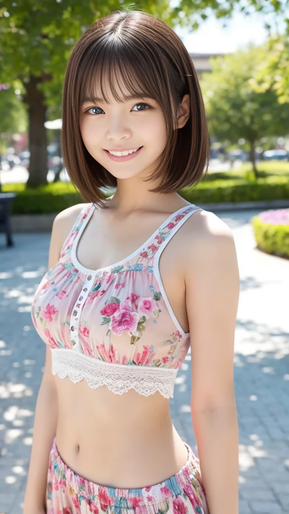 Highest quality、Producing the highest resolution 8K images、The model is a -yeld beiful Japanese girl.、A work depicting a person smiling for a photo at a tourist spot、Draw the upper body of the model、((She has brown eyes and a model-like figure.))、((She has a cute face like an idol))、Her hair is a bob、Healthy skin color、Wearing early summer clothes、((Highly detailed beautiful eyes、Such a beautiful face))、((Smile with closed mouth:1.3))