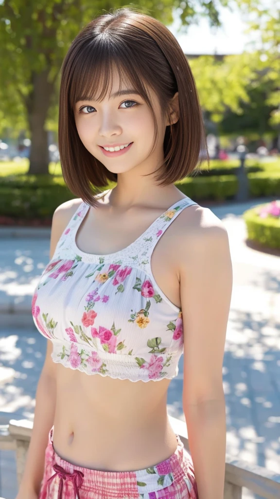 Highest quality、Producing the highest resolution 8K images、The model is a 14-year-old beautiful Japanese girl.、A work depicting a person smiling for a photo at a tourist spot、Draw the upper body of the model、((She has brown eyes and a model-like figure.))、((She has a cute face like an idol))、Her hair is a bob、Healthy skin color、Wearing early summer clothes、((Highly detailed beautiful eyes、Such a beautiful face))、((Smile with closed mouth:1.3))