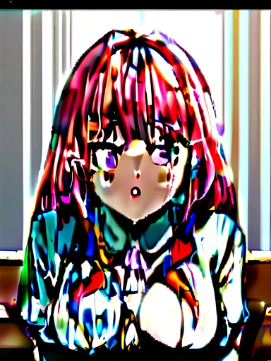 Hot girl, pink hair, red with shame, school cloathing