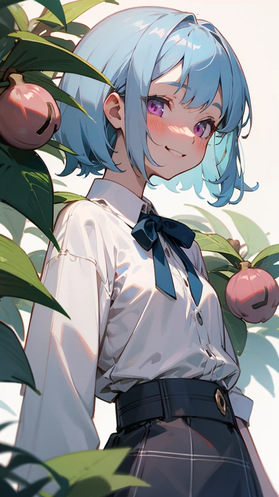 16-year-old girl、Light blue hair、Pink Eyes、smile、blush、Small breasts、From the side、A lot of acorns、white blouse shirt、Checked mini skirt、Upper body close-up