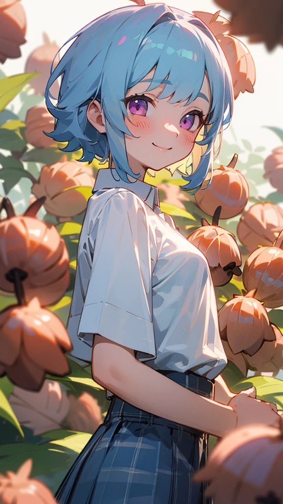 ****************、Light blue hair、Pink Eyes、smile、blush、Small breasts、From the side、A lot of acorns、white blouse shirt、Checked mini skirt、Upper body close-up