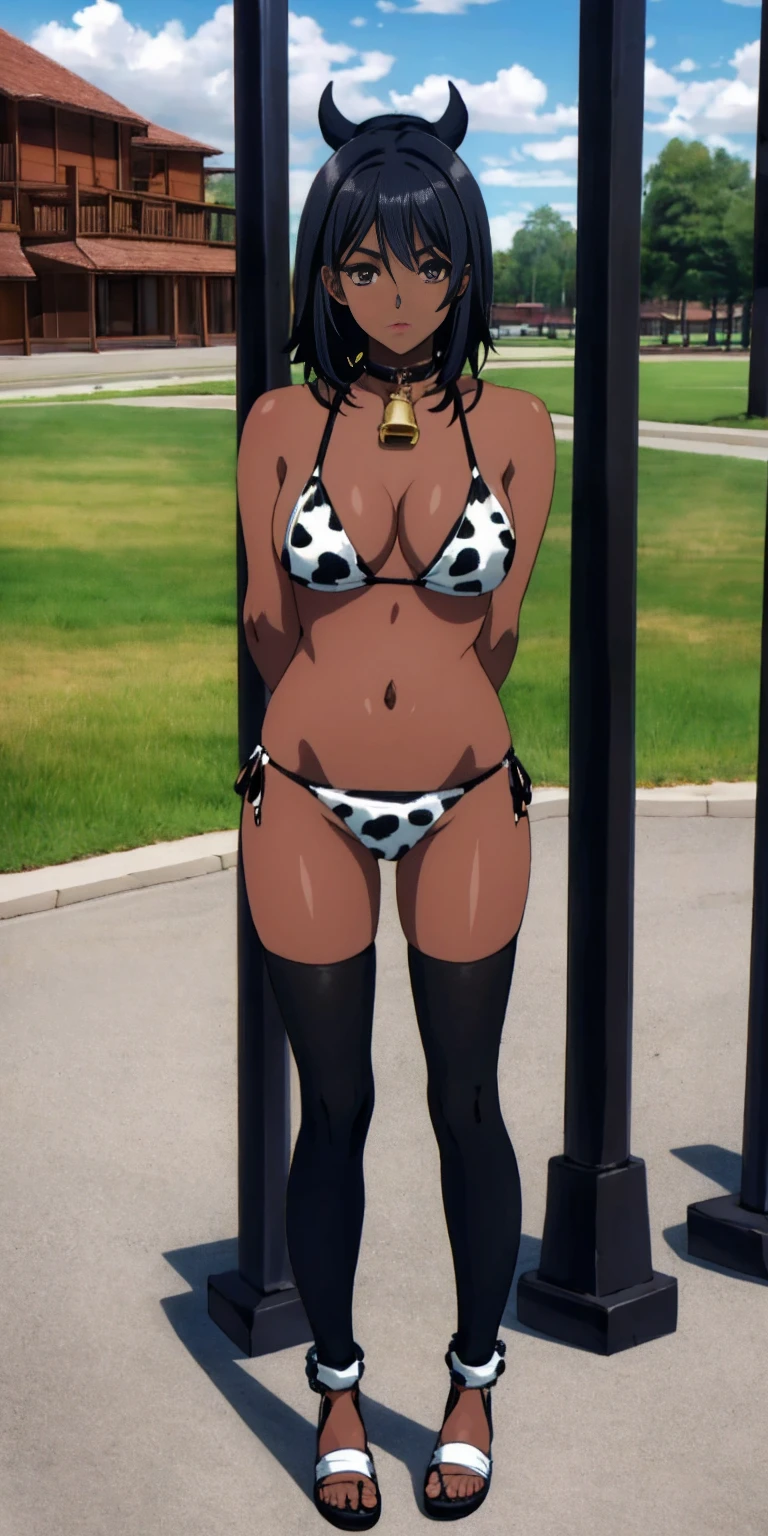 (Masterpiece, best quality, intricate details, 1sologirl) iron collar, arms behind back, iron cuffs, shackles, bound ((standing by wooden pole:1.2)) ((female Black Dark skin Gyaru)) show entire body frontal position, feet in view, realistic, gorgeous 16y.o. darkest skinned mixed race female, black African, barefoot no shoes, looking to viewer straight symmetrical, solo girl looking to the camera, cow bell choker leather collar choker neck bell, metal sandals, black and white bikini (cow pattern) black thigh highs