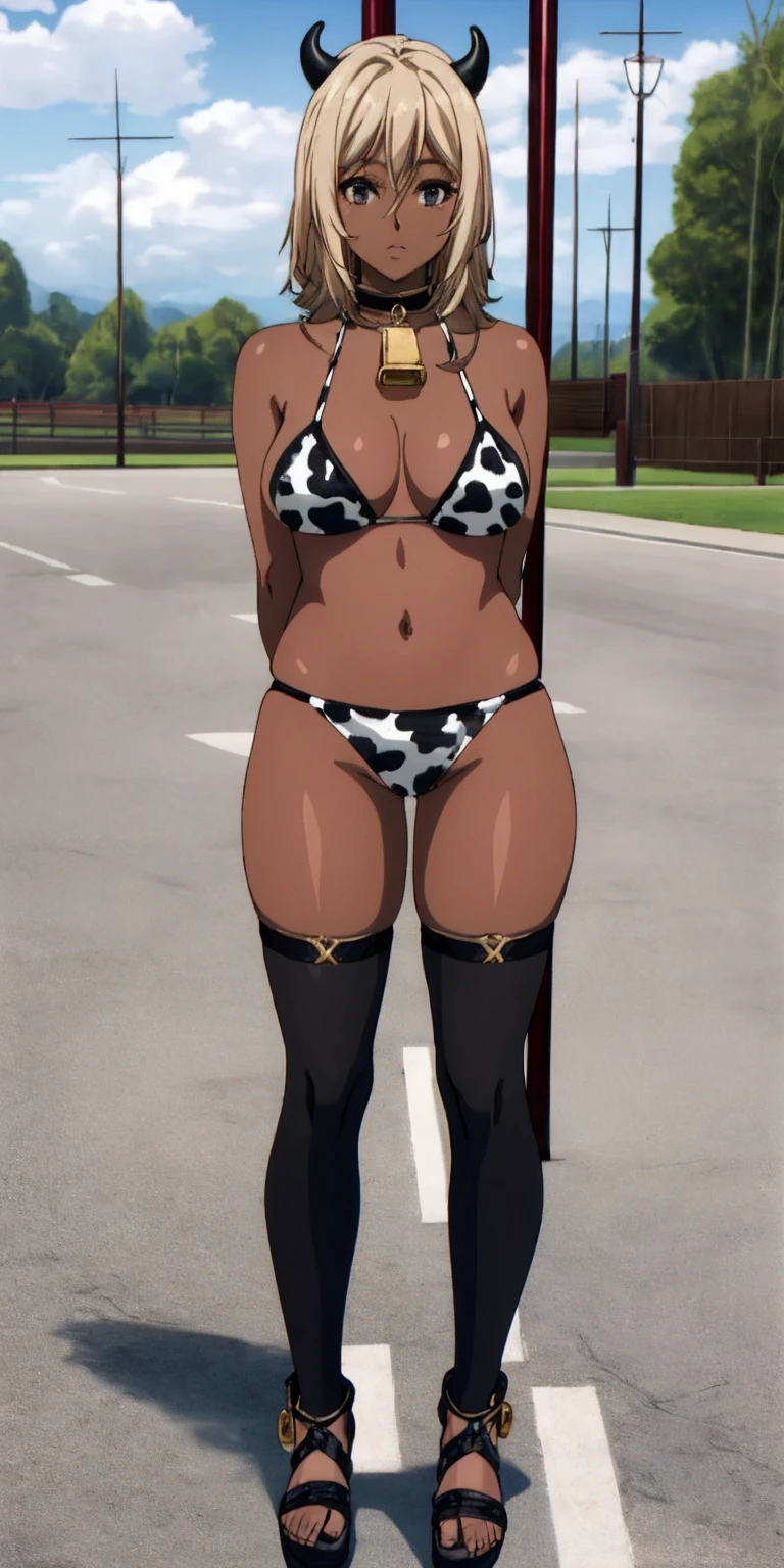 (Masterpiece, best quality, intricate details, 1sologirl) iron collar, arms behind back, iron cuffs, shackles, bound ((standing by wooden pole:1.2)) ((female Black Dark skin Gyaru)) show entire body frontal position, feet in view, realistic, gorgeous 16y.o. darkest skinned mixed race female, black African, barefoot no shoes, looking to viewer straight symmetrical, solo girl looking to the camera, cow bell choker leather collar choker neck bell, metal sandals, black and white bikini (cow pattern) black thigh highs