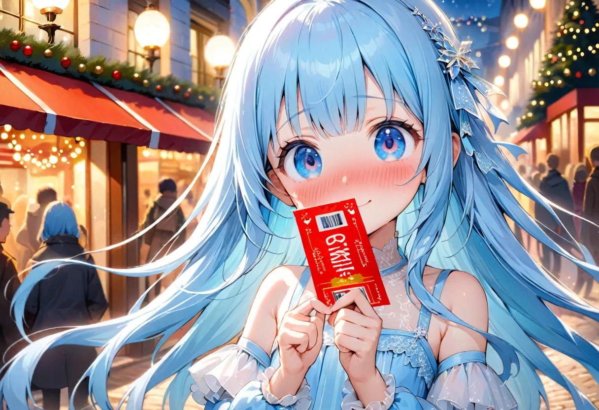masterpiece, best quality, extremely detailed, (illustration, official art:1.1), 1 girl ,(((( light blue long hair)))), ,(((( light blue long hair)))),light blue hair, , long hair ((blush)) , cute face, big eyes, masterpiece, best quality,(((((a very delicate and beautiful girl))))),Amazing,beautiful detailed eyes,blunt bangs((((little delicate girl)))),tareme(true beautiful:1.2), sense of depth,dynamic angle,,,, affectionate smile, (true beautiful:1.2),,(tiny 1girl model:1.2),)(flat chest),1lady solo, (holding an elegant ticket (in front of face:1.2)), (stylish outfit), (nose blush) light smile (embarrassed:1.2) shy, (masterpiece best quality:1.2) delicate illustration ultra-detailed, (main street outdoors), Christmas illumination, crowded