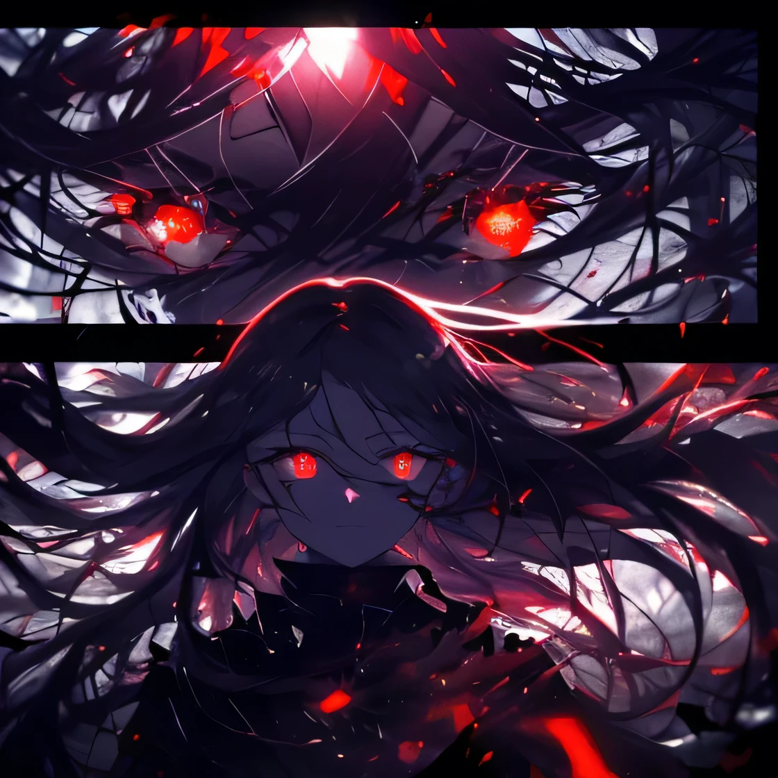 (masterpiece), (panels), (soft drops of blood, tears), ((dark colors 1.6)), (red glowing eyes), (blood splatters), blood floating), (long hair), (divided panels), (girls staring at viewer), (upper body), (upper face), ((shattered glass 1.3)), (glass shards floating in the air), (detailed hair), (emotionless), (fog 1.2), (well lit), (detailed lighting), (sharp focus:1.3), (focus at the face:1.3), (dystopian atmosphere), (glowing light), (torn buildings), ((ruins)), (fallen down pillars), (mist), (windy atmosphere), (chaos), (tears dripping from eyes), (tears blowing in the wind), (lighting from behind), ((hair blowing in the wind), (in the background there are eyes), (red eyes on the walls 1.3), ((seperate)), (particles floating in the air 1.2), (light reflecting off hair), ((detailed background)), (particles are in the background), (girl facing forward), (girl facing sideways), ((glowing red eyes)), (detailed eyes), (monitor panels)
