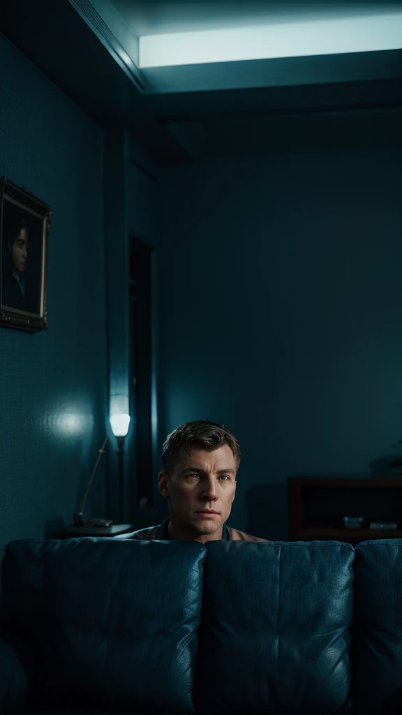 headshot of micheal in deep thought, in their living room, 4k realistic imagery, blue scenery like a movie scene, old american setting, inspired by blade runner movie scene, blue tone,