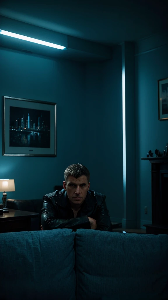 headshot of micheal in deep thought, in their living room, 4k realistic imagery, blue scenery like a movie scene, old american setting, inspired by blade runner movie scene, blue tone,