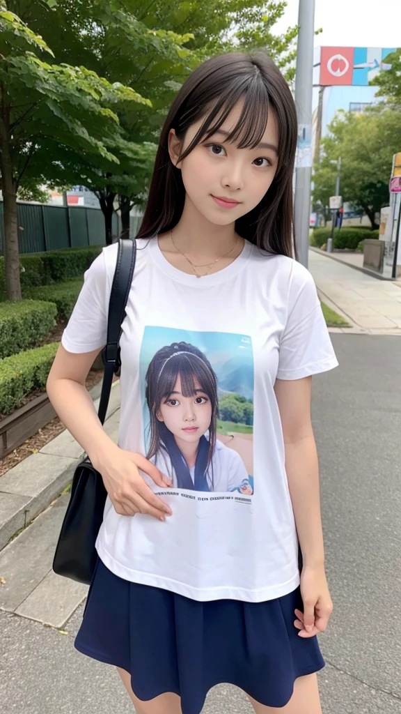 Best-quality, Masterpiece, Ultra-High-Resolution, (Photorealistic:1.4), Raw-Photo, 1girl, the most famous Japanese idol, (wearing beige jacket over white T-shirt with cute-patterned and beige slacks, white sneakers), standing at Japanese college, extremely cute face, extremely cute big-eyes, extremely cute hairstyle, extremely beautiful skins, looking at viewer, innocent-smile