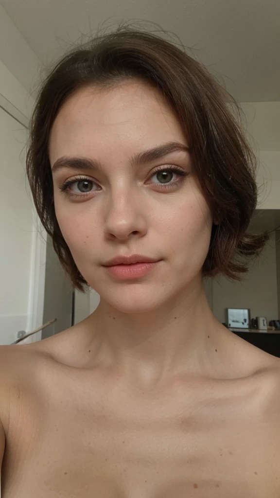 femme brune aux yeux verts selfie dans le mirroir