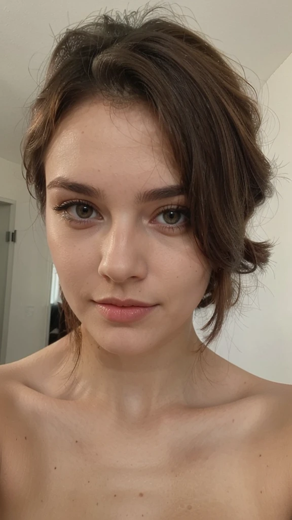 pas de selfie maquillage, brune aux cheveux coupés