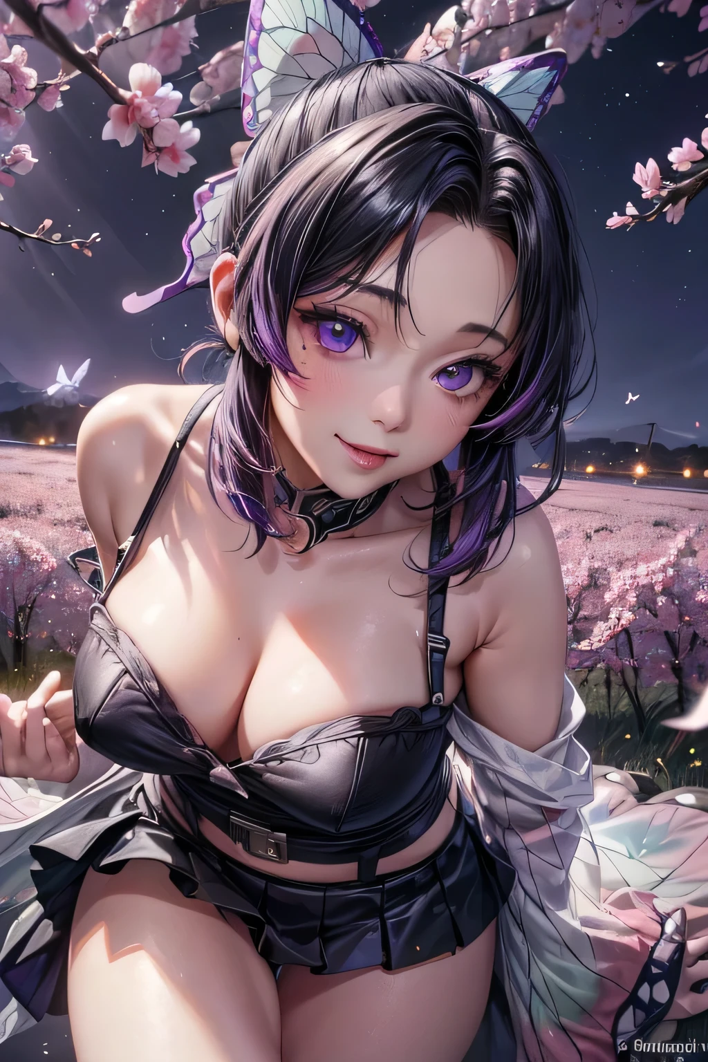 NSFW , HDR , masterpiece , high quality , ultra details , sitting in garden ,medium breast ,((adult and thin body)) , sexy pose ,short purple dress , purple eyes , cute face , short purple hair ,((spread legs and show pussy)) , ((uncensored)), detailed person quality , ((focus on person)) , smile and blush , ((raining and sunset)), purple flowers, soft light