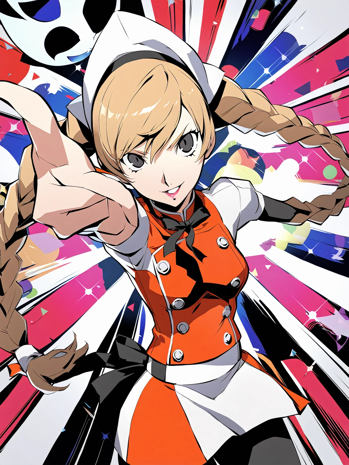beautiful idol girl, long braids, light brown hair, black eyes, , Persona5 character, Taiga Asaki chef-d'œuvre, meilleure qualité, pose dynamic, pretty, lavender color, side bangs