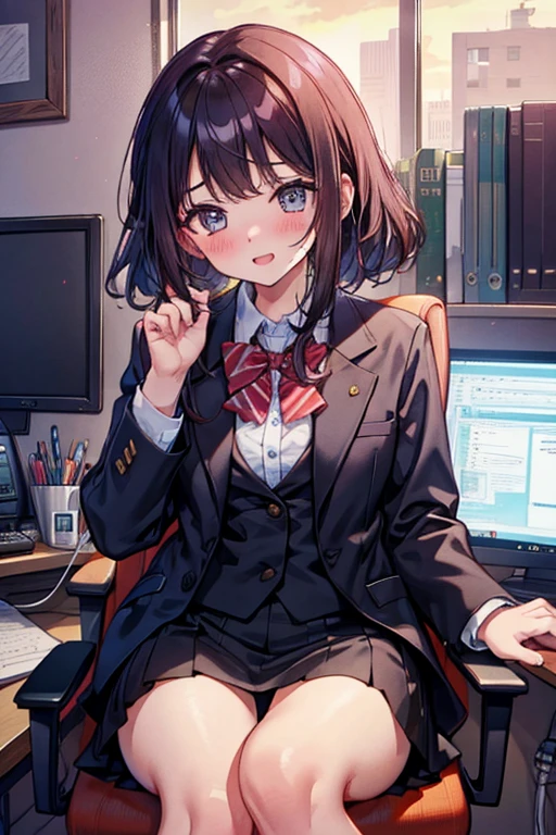 Best quality, masterpiece, An excited young girl in an office suit sits in the office and looks at the camera, blushing and embarrassed