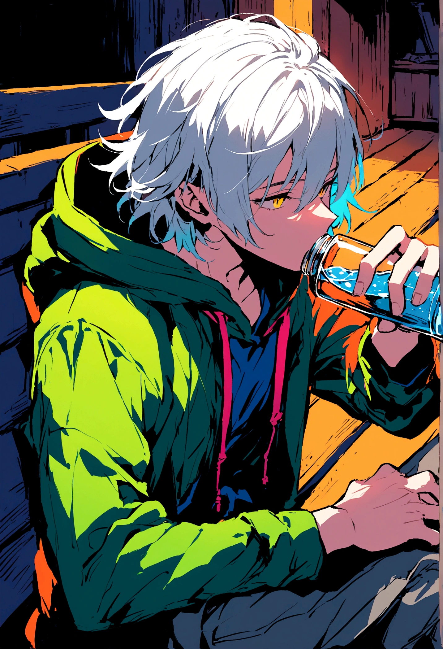 A young man with white hair hooded, sitting in an old bar drinking water.