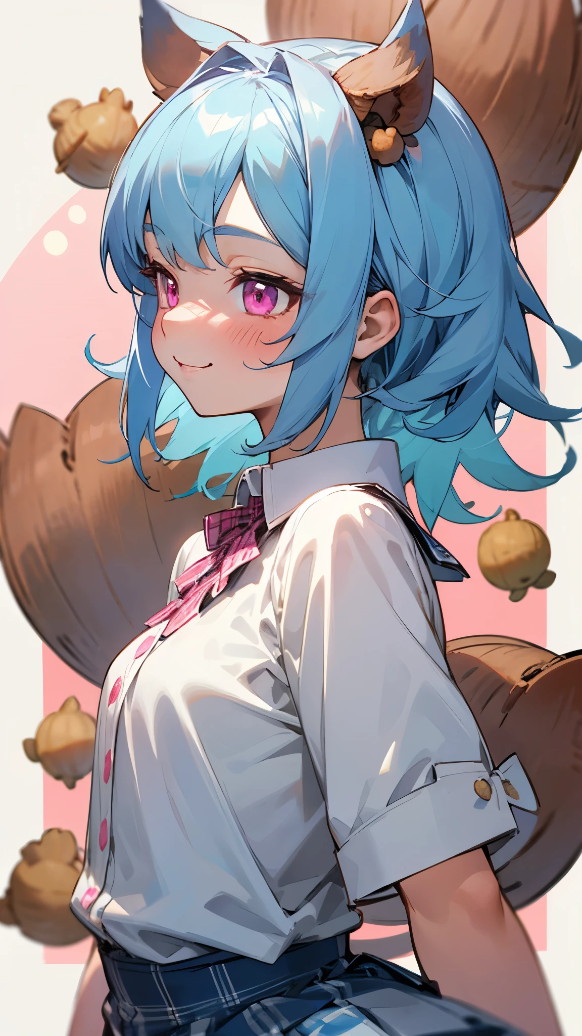 -yeld giLight blue hair、Pink Eyes、smile、blush、Small breasts、From the side、A lot of acorns、white blouse shirt、Checked mini skirt、Upper body close-up