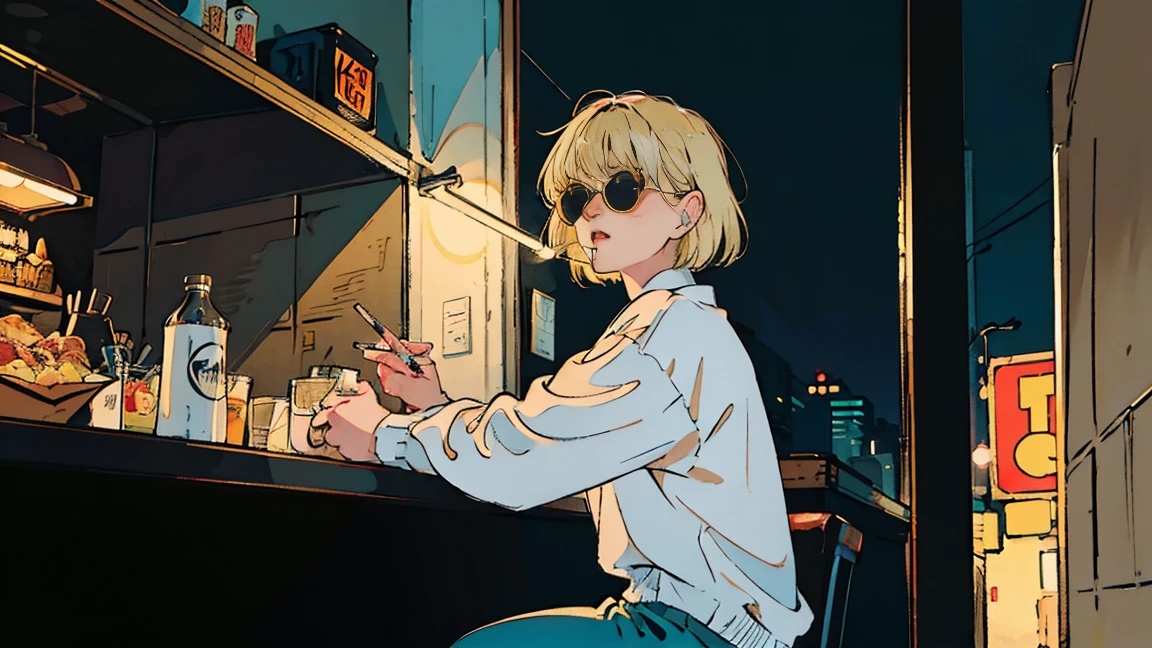 Beautiful blonde Asian girl sitting in a diner at night, visible from the window, perfect face, sunglasses, Smoking white Taylormade cigarettes, neon black, (with backlight: 1.1), hard shadow, masterpiece, highest quality, Complex, model shooting style, vintage, film grain, incomplete details