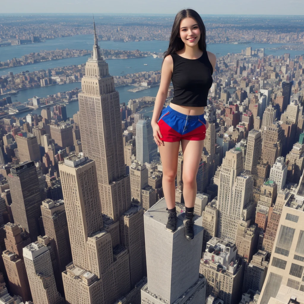 Giantess women wearing tight pink shorts 100ft tall walking over a miniature city