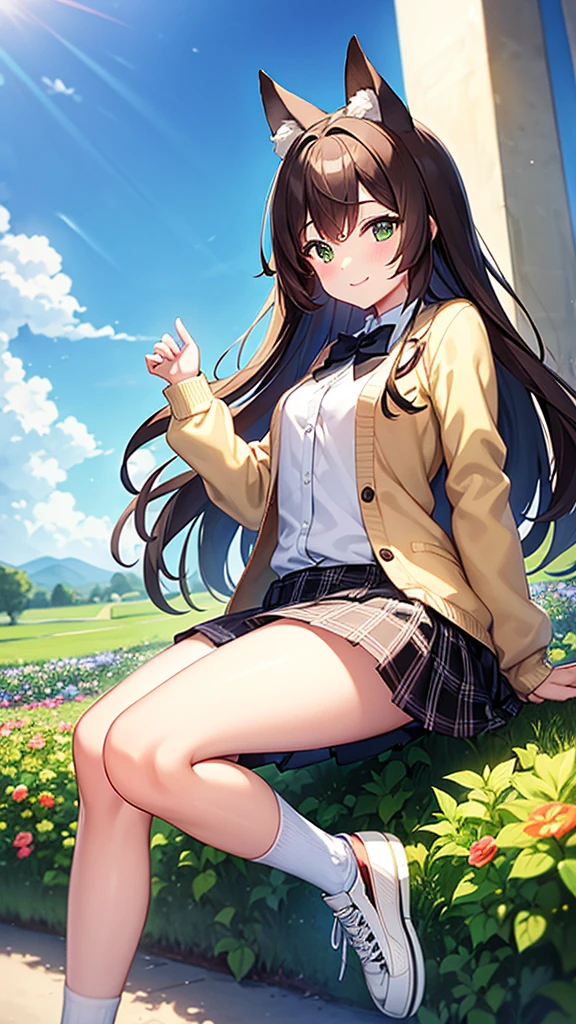 masterpiece, Highest quality, outside, Flower Field, From the side, One girl, smile, Conceit, Long Hair, Brown Hair, Green Eyes, Fox Ears, Medium chest, White collared shirt, bow tie, Beige cardigan, Black plaid skirt, Thick thighs, sneakers, loose socks, Panto Peak,