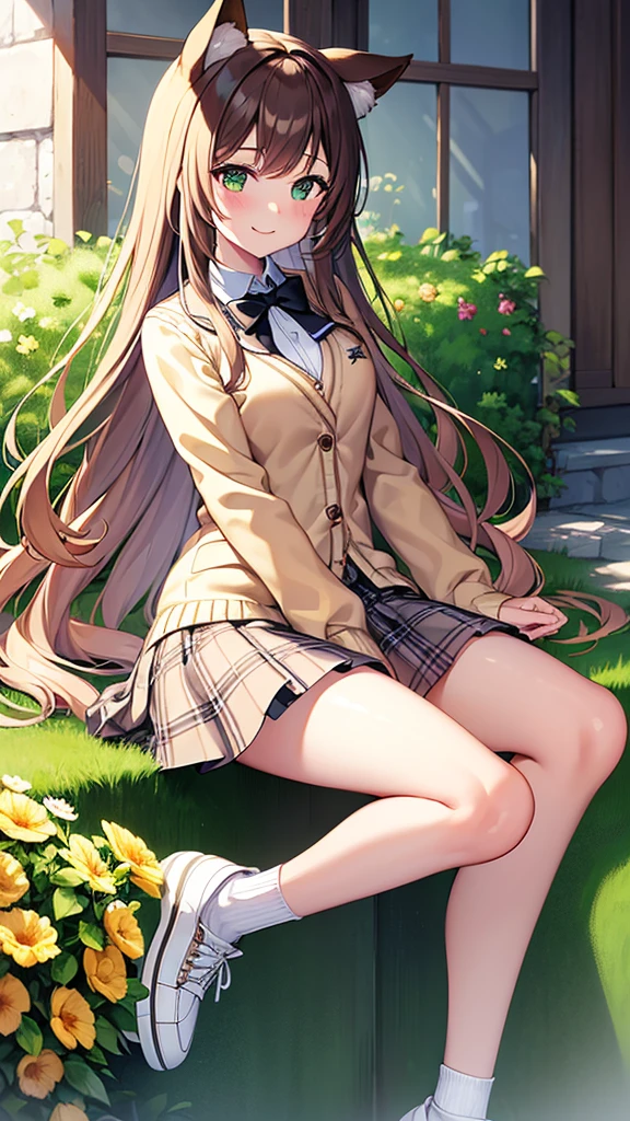 masterpiece, Highest quality, outside, Flower Field, From the side, One girl, smile, Conceit, Long Hair, Brown Hair, Green Eyes, Fox Ears, Medium chest, White collared shirt, bow tie, Beige cardigan, Black plaid skirt, Thick thighs, sneakers, loose socks, Panto Peak,