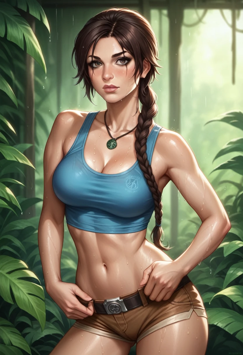 Lara Croft, shadows of the tomb raider, wearing a cropped blue tank top and lowrise small shorts, midriff showing, detailed face, attractive face, Hot, sexy, beautiful body features, hourglass body figure,  body, curvy flanks, flat stomach, no abs, jungle environment, wet atmosphere, Heavy rain, stormy weather, wet & dirty skin, Unreal engine, photo realistic, dynamic lighting, poster, volumetric lighting, high resolution, detailed textures