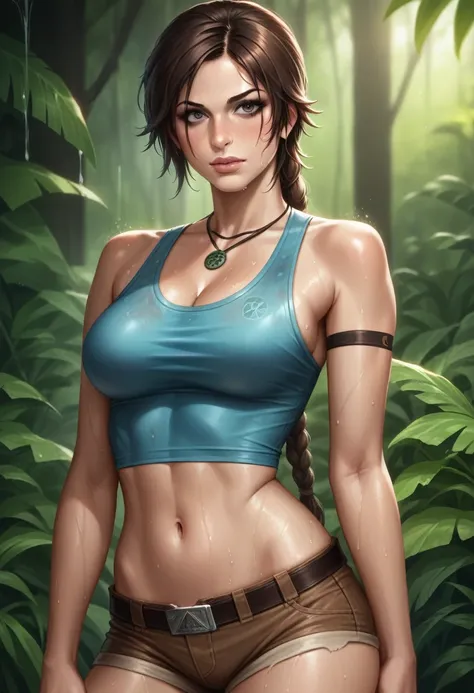 lara croft, shadows of the tomb raider, wearing a cropped blue tank top and lowrise small shorts, midriff showing, detailed face...