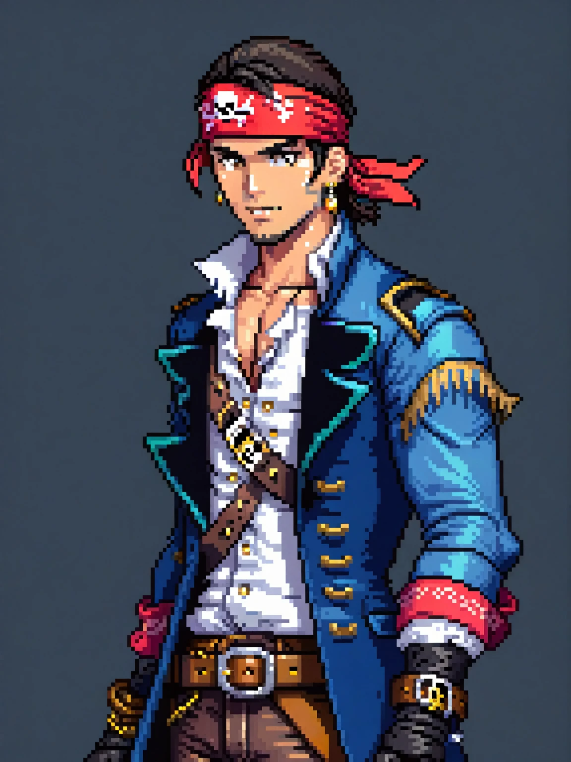 (Pixel art: 1.2), 1 man, 30 years old, with a muscular build, light brown eyes, medium-length silky black hair, wearing a red bandana on his head, a gold earring in his right ear, a gold tooth, a necklace with a green stone and silver necklaces, a blue overcoat with gold ornaments, a leather belt, a white vest and a semi-open dress shirt, the blue overcoat sleeves cover up to the forearms, white gloves on his hands, leather boots, reinforced blue pants, side view, visible lips and nose, Black background, pirate style, nothing out of the frame.