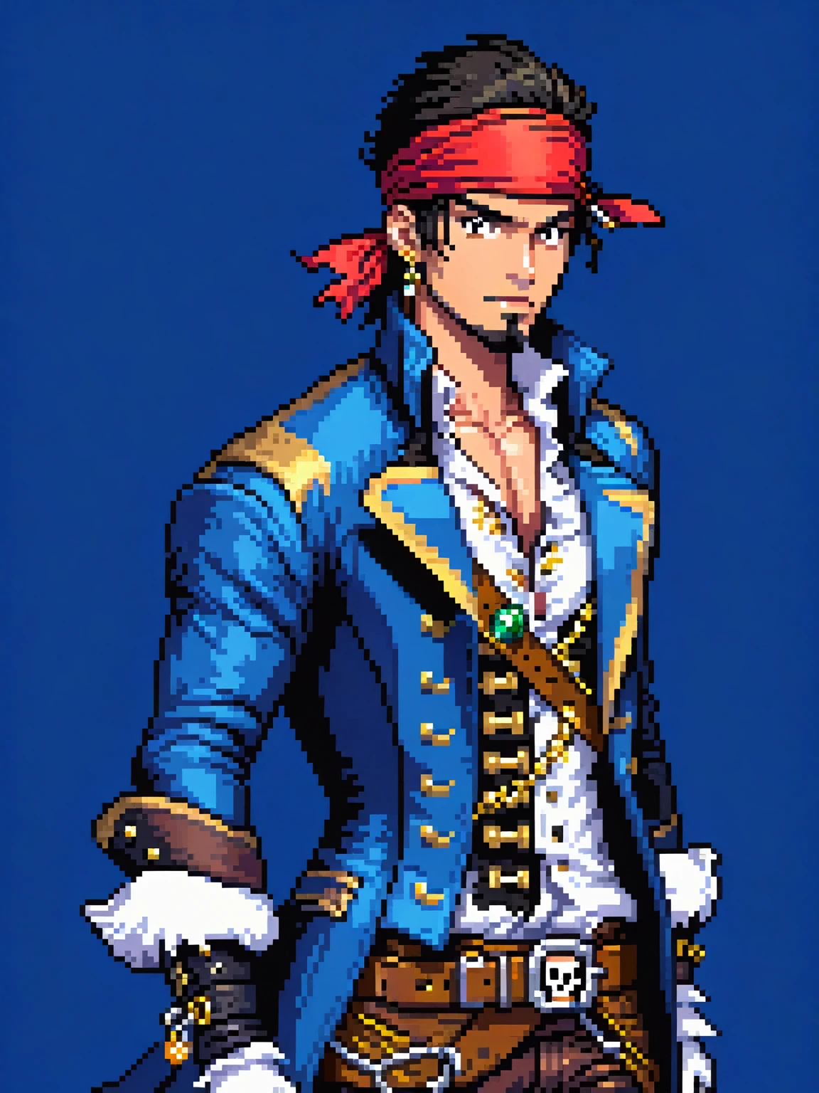 
(Pixel art: 1.2), 1 man, 30 years old, with a muscular build, light brown eyes, medium-length silky black hair, wearing a red bandana on his head, a gold earring in his right ear, a gold tooth, a necklace with a green stone and silver necklaces, a blue overcoat with gold ornaments, a leather belt, a white vest and a semi-open dress shirt, the blue overcoat sleeves cover up to the forearms, white gloves on his hands, leather boots, reinforced blue pants, side view, visible lips and nose, Black background, pirate style, nothing out of the frame.