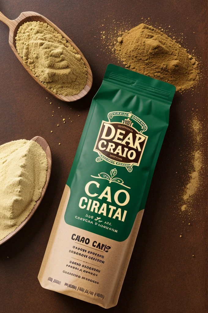 Deri cacao brand a drink powder that comes out with the brand that says deri caacao in a bag packaging in green and brown colors the marxa in Spanish
