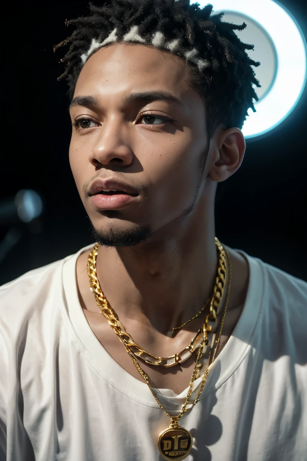 il y a un homme avec un collier au cou et un collier au cou, photo dans le style de Tyler Mitchell, l'homme a la peau noire, peau brune, adolescent noir, album d'art, portrait en couleur, dark skin, portrait gros plan d'un gars, portrait de haute qualité, Brown-skinned man with a giant smile, Riyahd Cassiem
