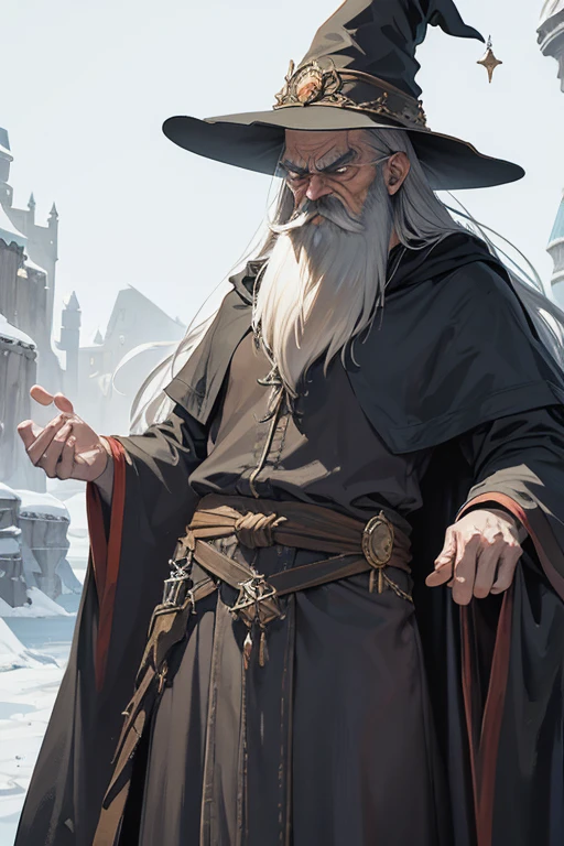 grumpy old wizard, skinny, long whispy hair