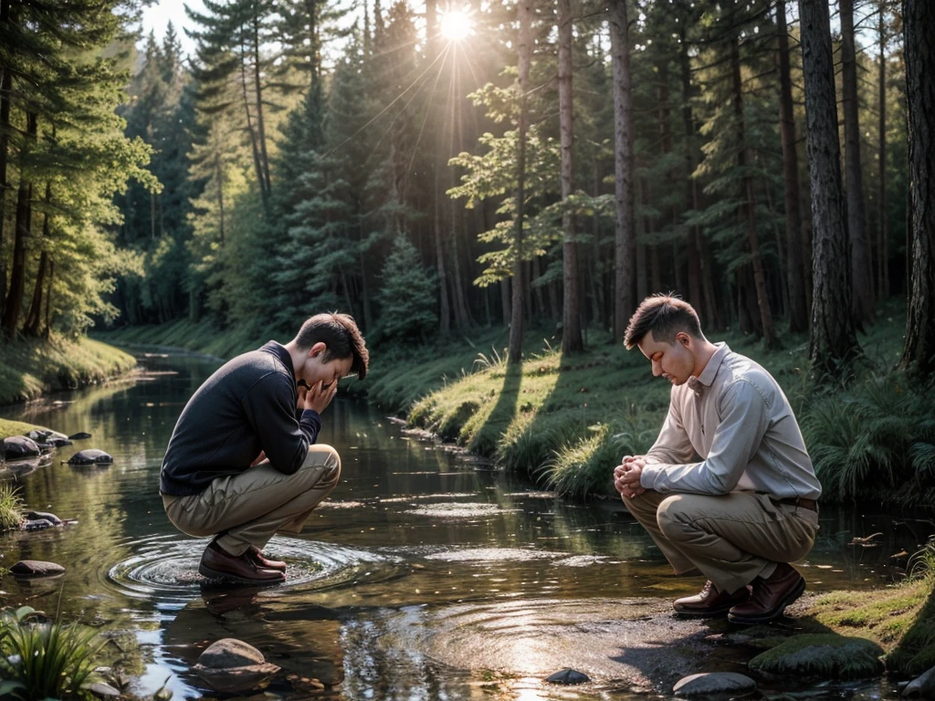 create an image of a man praying on his knees facing a wooden cross in a forest and next to him a beautiful peaceful stream and in the background a beautiful sunset