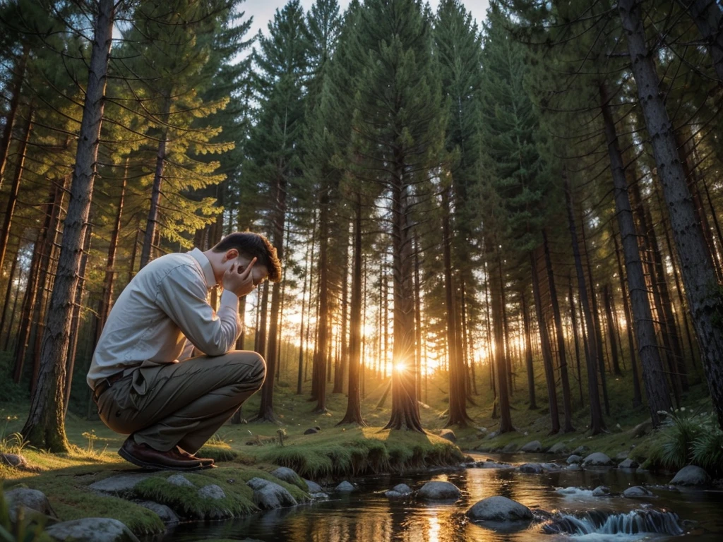 create an image of a man praying on his knees facing a wooden cross in a forest and next to him a beautiful peaceful stream and in the background a beautiful sunset