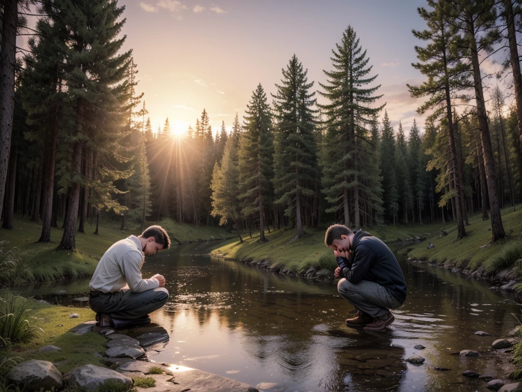 create an image of a man praying on his knees facing a wooden cross in a forest and next to him a beautiful peaceful stream and in the background a beautiful sunset