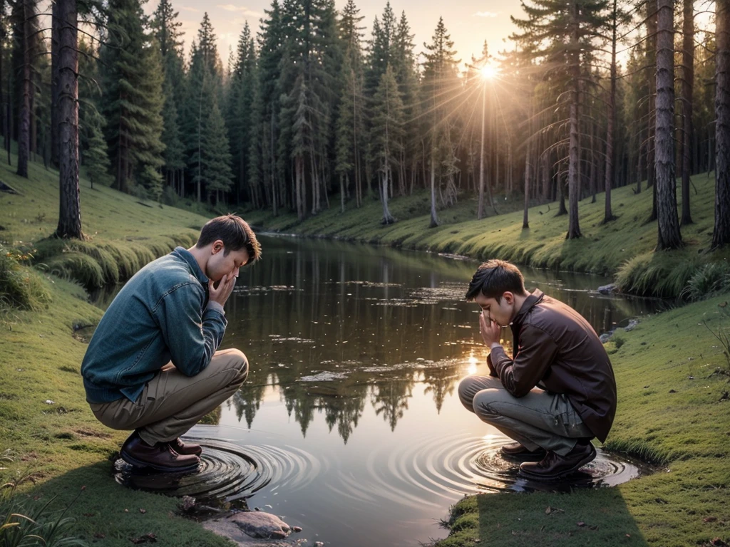 create an image of a man praying on his knees facing a wooden cross in a forest and next to him a beautiful peaceful stream and in the background a beautiful sunset