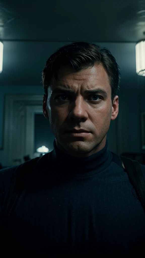 headshot of micheal sad and in deep thought, in their living room, 4k realistic imagery, blue scenery like a movie scene, old american setting, inspired by blade runner movie scene, blue tone,