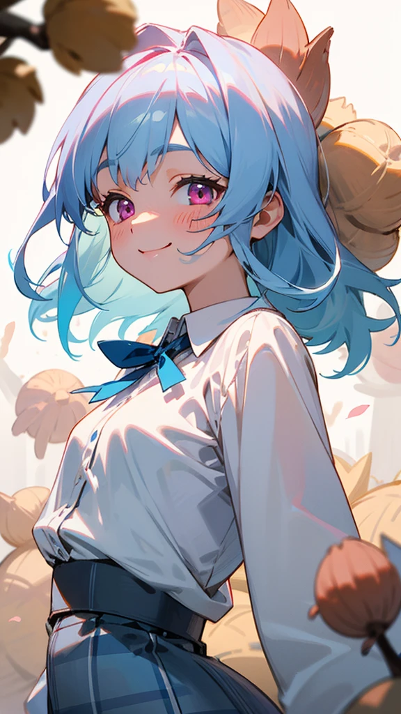 16-year-old girl、Light blue hair、Pink Eyes、smile、blush、Small breasts、From the side、A lot of acorns、white blouse shirt、Checked mini skirt、Upper body close-up