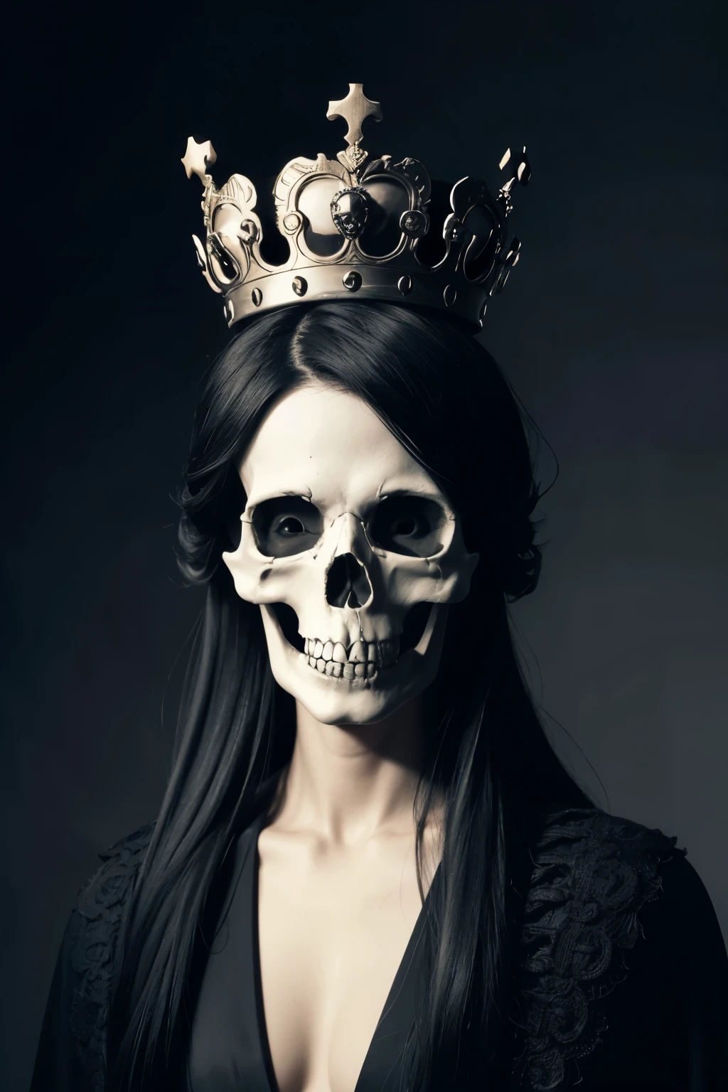 a non-realistic skull with a black crown adorning the top of its head