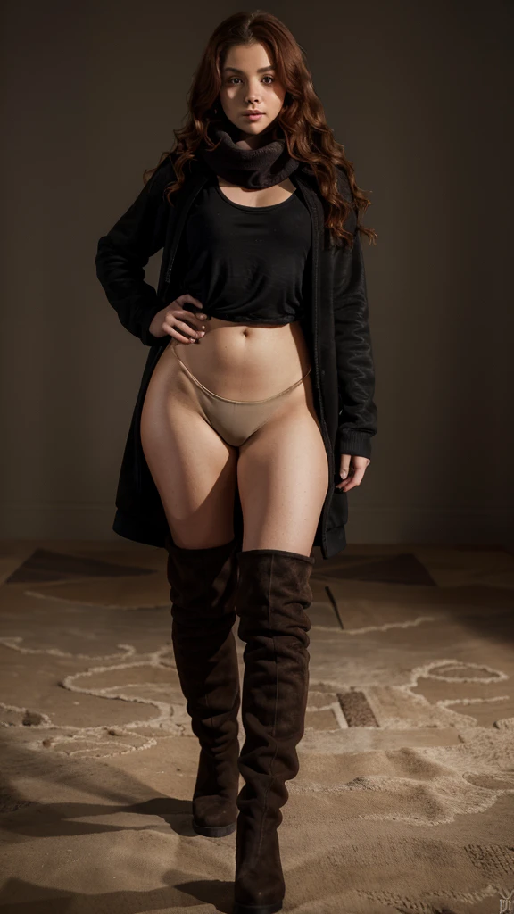 Redhead age short girl, standing. black loose fleece dress. Beige scarf. Black suede knee high boots. [small breasts]. UHD. Detailed. High LOD. slightly wavy hair. Full Body. hair with little volume. black top. black thighs