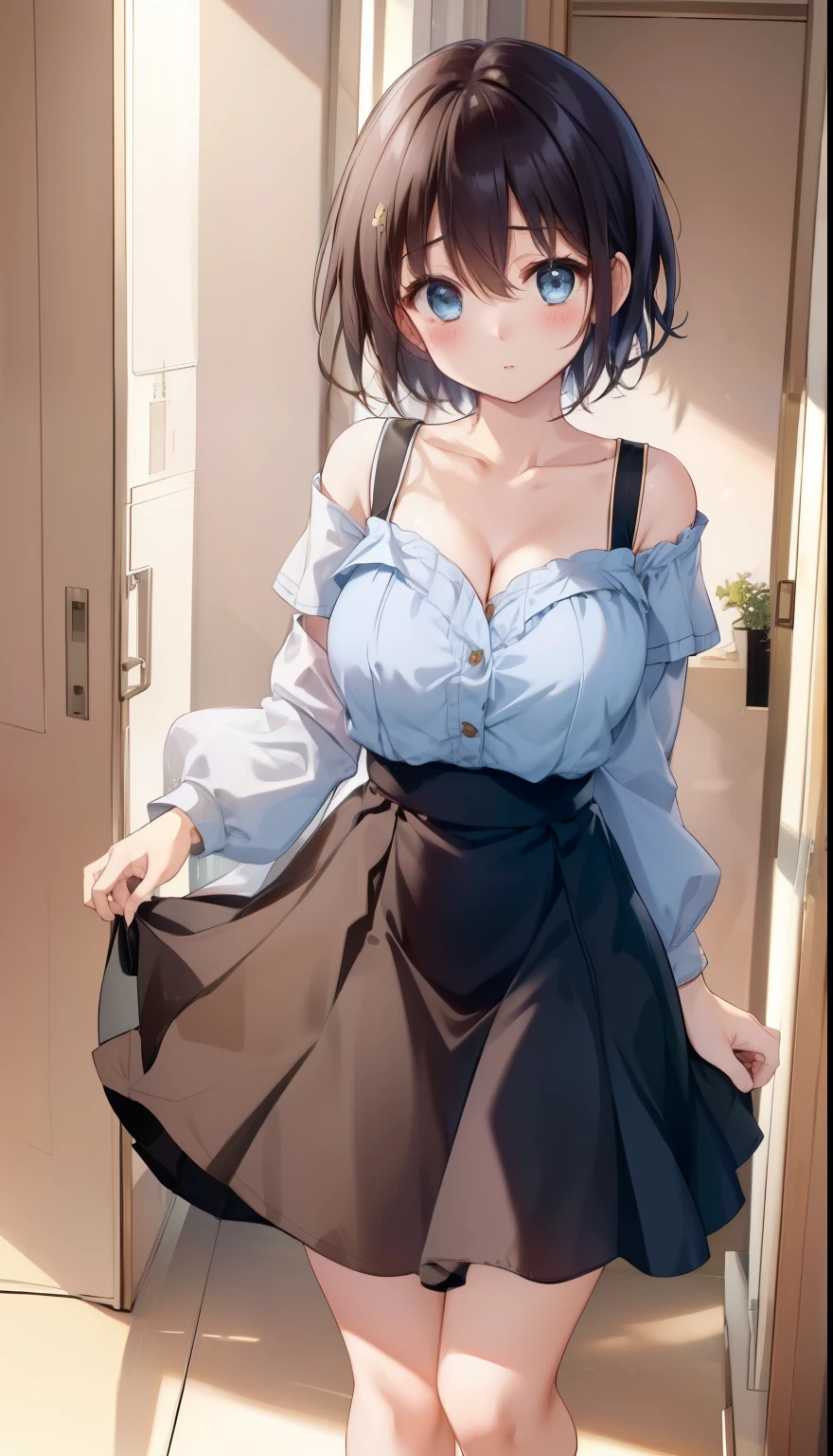 One Girl、positive、Standing posture、Full body portrait、Black Hair、Medium Haircut、blush、Absolute area、No panties、No bra、barefoot、Light blue dress、Off-the-shoulder dress、（Very large breasts）、Cleavage、((Lesbians around the world))、masterpiece、（highest quality）、、White heel sandals、Shirt buttons fly off、Unbutton your shirt、Exposing the breasts、