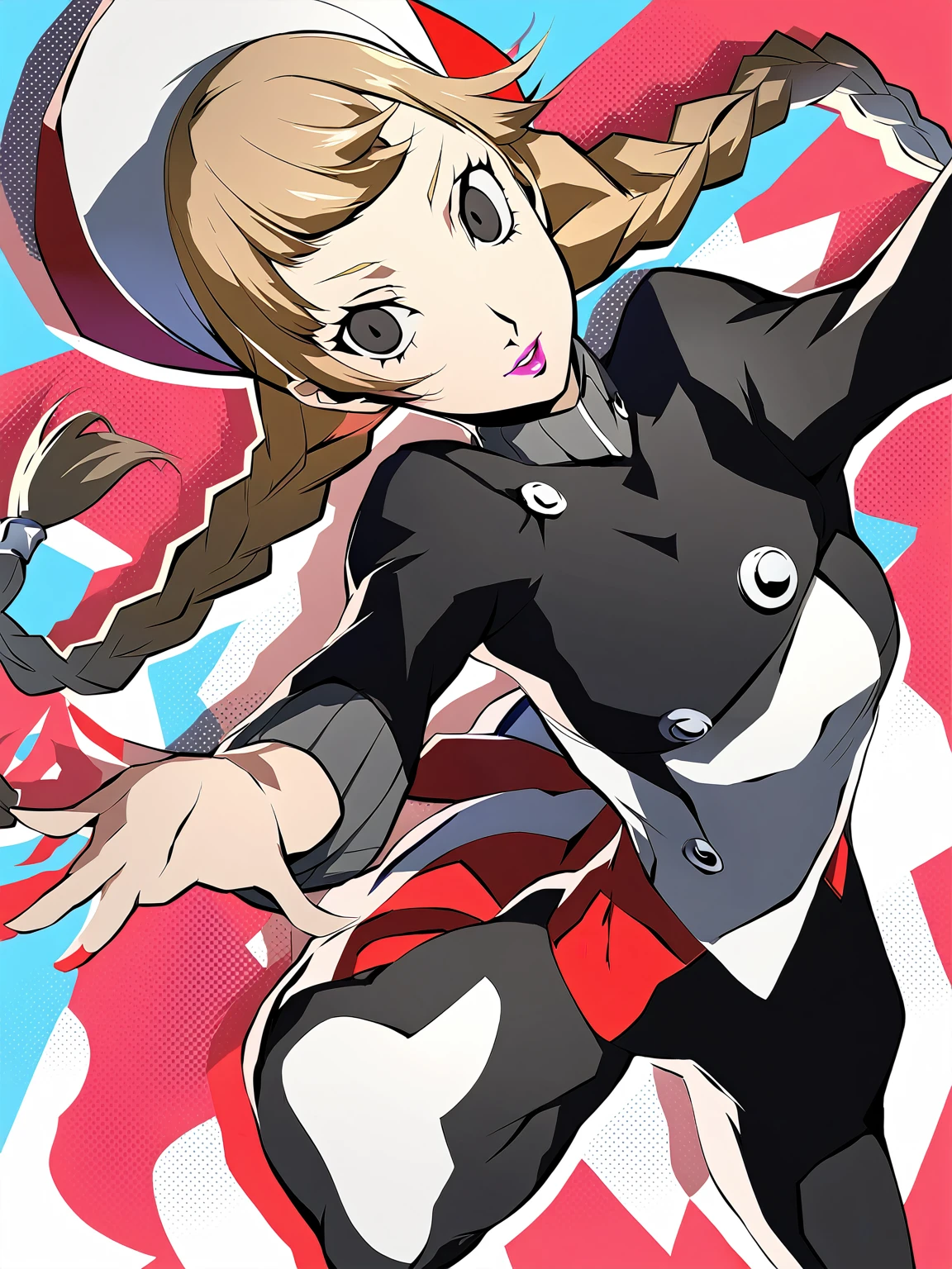 beautiful girl, long braids, light brown hair, black eyes, , Persona5 character, Taiga Asaki chef-d'œuvre, meilleure qualité, pose dynamic, pretty, lavender color, side bangs, idol