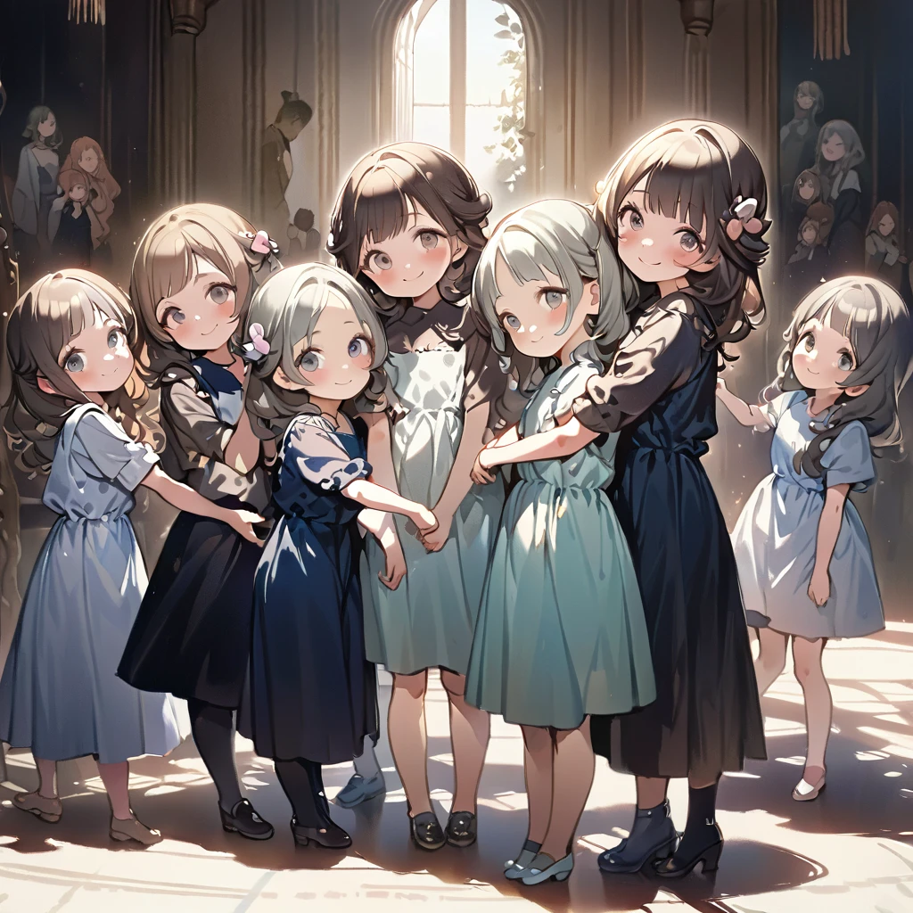 masterpiece, ultra detailed, 8K, full body shot,, a girl, kawaii, light atmosphere, (Cute 4girls:1.5), (Four sisters, the eldest in the middle, surrounded by her younger sisters, all smiling.s :1.4), anime visual, (tilt head:1.3), extremely delicate face, realistic lighting and shading, (an extremely delicate and beautiful art:1.3),Watercolor painting, a girl, 